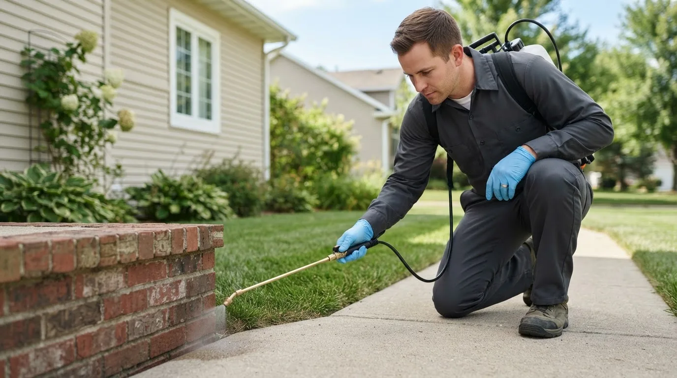 Pest control technician treating a home near Ashley, IL