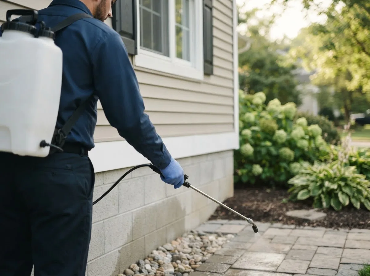 Pest control technician inspecting a home in Ashley, IL